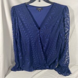 L.N.V Women’s Geometric Blouse Size 1X Wrap Sheer Bell Sleeves Boho Royal Blue